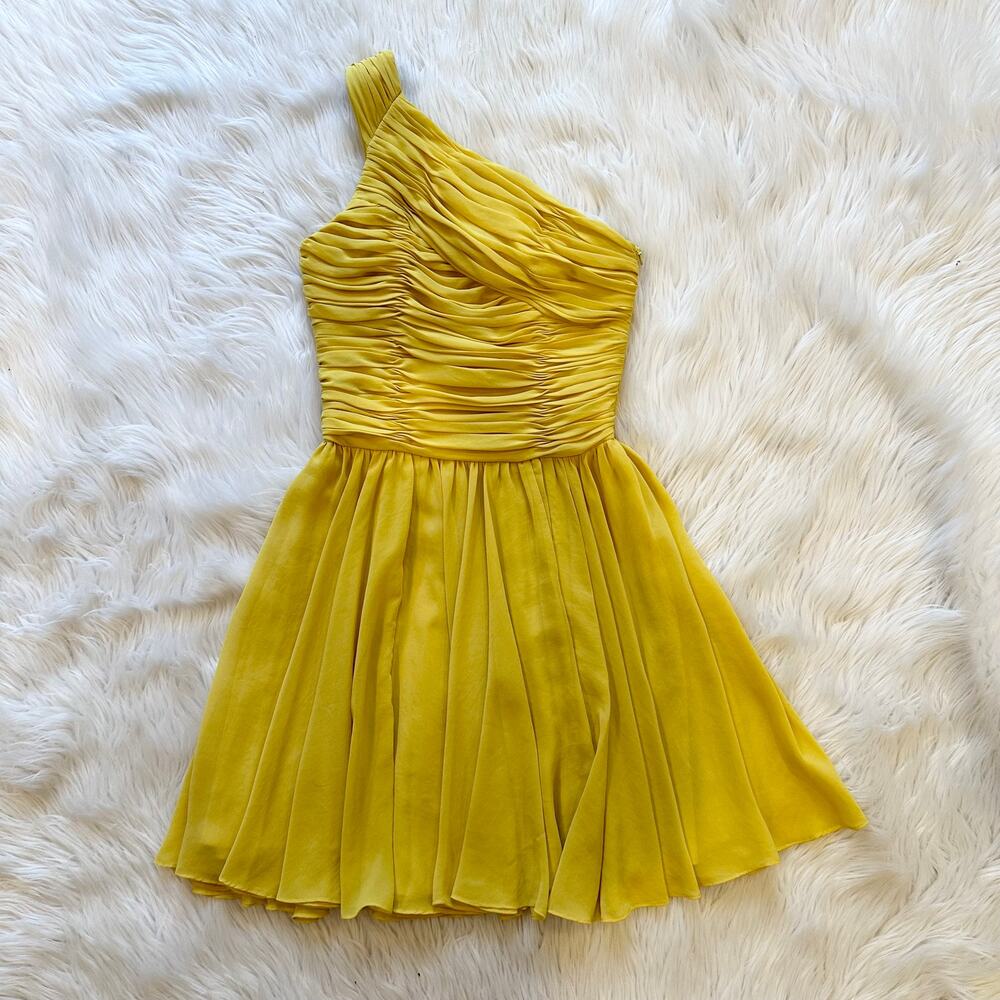 Halston Heritage One Shoulder Ruched Dress Chiffon Pleated Mini, Yellow